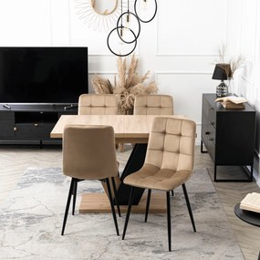 Zestaw Stół Prostokątny Rozkładany CLARK 120-160 cm Dąb Artisan/Czarny i 4 Krzesła Tapicerowane PERU Beżowe Welurowe