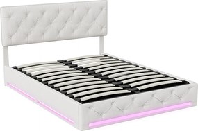 Łóżko 160x200 cm, miejsce do przechowywania, stelaż z listew, oświetlenie LED i regulowany zagłówek, beżowe