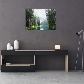 Obraz na szkle leśnego jeziora (70x50 cm)