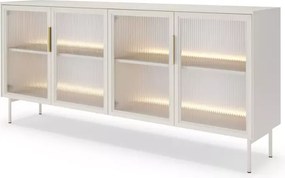 Komoda Minal 4D – czterodrzwiowa przeszklona komoda z półkami i podświetleniem LED, w kolorze kaszmir lub dąb dunin