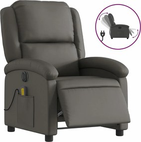 Fotel relaksacyjny elektryczny szary z prawdziwej skóry z automatyczną funkcją odchylenia