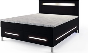 Wygodne łóżko BENZ 140X200 cm, Czarna Ekoskóra MADRYT, wyposażone w oświetlenie LED, dwuosobowe, z dużymi pojemnikami