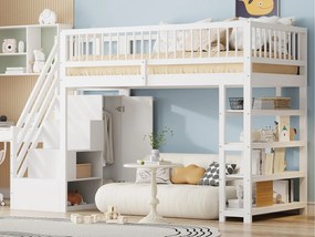 Łóżko mezzanine 90x200 cm - z półkami i drabiną do przechowywania - z litego drewna - Białe