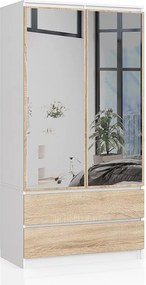 Szafa AKORD S90 Biała 90 cm z lustrem 2 drzwi 2 szuflady kolor Dąb Sonoma mat 4 półki 90x51x180 cm