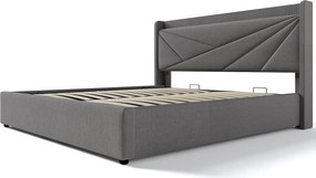 Łóżko dla dorosłych 160x200 cm – z zagłówkiem, portem USB/typu C, stelażem – szary len – materac w cenie