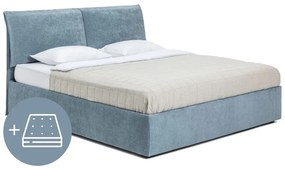 Niebieskie tapicerowane łóżko dwuosobowe ze schowkiem z materacem i stelażem 160x200 cm Thessa Pillow – Bonami Selection