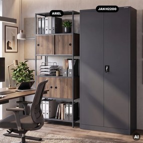 Regał na segregatory z szafką zamykaną, biurowy, otwarte półki, metalowy antracytowy/orzech, 800x2200x400 mm: ARIEL Eco Design