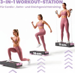 SPORTNOW Deska do stepu regulowana Fitness Aerobic Stepper 2 poziomy (11/16 cm) 2 taśmy oporowe, mata antypoślizgowa Różowy | Aosom PL