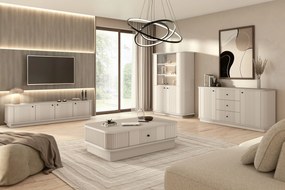 Komoda Vesper 160 cm z szufladami na cokole - kaszmir / czarne uchwyty