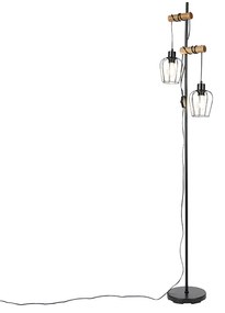 Rustykalna lampa podłogowa czarna z drewnem 2-światła - Stronk