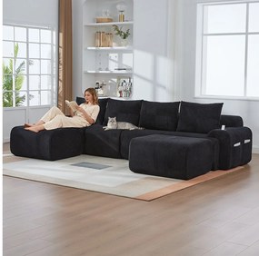 Sofa modułowa 4-osobowa - 333 x 174 x 80 cm - z 2 pufami + uchwytami na kubki + kieszenią do przechowywania - aksamitna - czarna