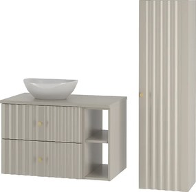 Kaszmirowy Zestaw Łazienkowy 80cm Szafka z Blatem Umywalka  Regał Słupek Ryflowane Fronty Aqua