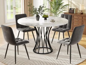 Okrągły stół z 4 krzesłami - Blat MDF, metalowa konstrukcja i aksamitne poduszki - Biały&Czarny
