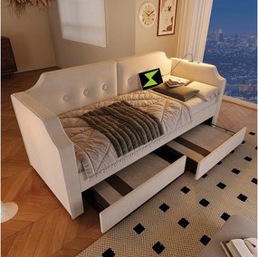 Łóżko tapicerowane 90 x 200 cm z 2 szufladami, sofa rozkładana z 2 szufladami, lampką do czytania i gniazdem USB typu C - Aksamit - Beż (bez materaca)