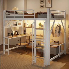 Łóżko piętrowe 140 x 200 cm z biurkiem, półkami, szafą i ścianką perforowaną – Metal i MDF – LED + USB – Białe (Materac nie jest wliczony w cenę)