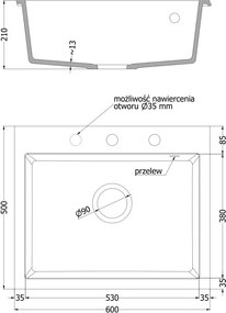 Mexen Elix zlewozmywak granitowy 1-komorowy 600 x 500 mm, biały, syfon złoty - 6525601005-20-G