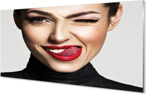 Szkło do Kuchni na Ścianę Portret z Czerwonymi Ustami