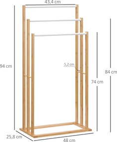 Wieszak na Ręczniki HOMCOM z Bambusa, 3-poziomowy, 3 Drążki, 48 x 25,8 x 94 cm, Naturalny + Biały