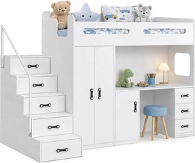 Białe dziecięce łóżko z szafą i biurkiem pod spodem S7-E43