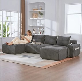 Modułowa sofa 4-osobowa - 333 x 174 x 80 cm - z 2 pufami + uchwytami na kubki + kieszenią do przechowywania - aksamit - ciemnoszary