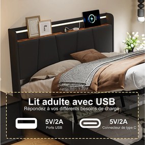 Łóżko dla dorosłych z pojemnikiem 160×200 cm z wielokolorowymi diodami LED, zagłówkiem ze schowkiem, 2 szufladami + porty USB i typu C – ciemnoszary