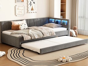 Kanapa rozkładana 90x200 cm - z łóżkiem wysuwanym - z portami USB + Type C - z oświetleniem LED - szary (materac nie jest w zestawie)