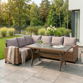 Zestaw Mebli Ogrodowych COMODO Brązowy/Szary Narożnik Stolik Tarasowy Technorattan Nowoczesny