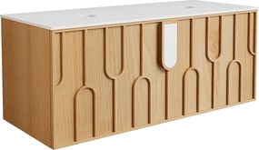 Wiszaca teksturowana szafka podumywalkowa z blatem z matowego spiekanego kamienia - Jasny naturalny - szer. 120 cm - MERKAN