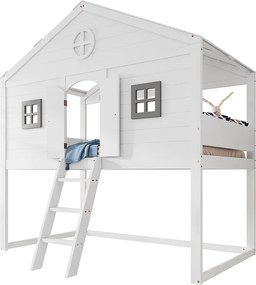Łóżko piętrowe 90x200 cm z litego drewna - z drabinką - w kształcie dachu - Białe