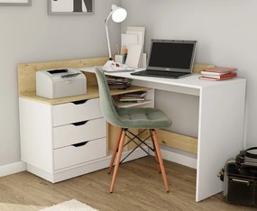 Biurko narożne z kontenerkiem Filo 2, kolor biały mat/dąb artisan, 129 cm