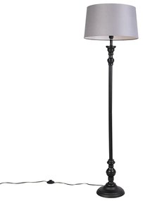 Lampa stojąca czarna z abażurem lnianym szarym 45 cm - Classico