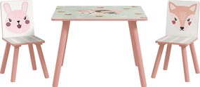 ZONEKIZ Zestaw siedzeń z drewna sosnowego, stolik z 2 krzesełkami, motyw zwierząt, pokój dziecięcy, 3-8 lat, Różowy