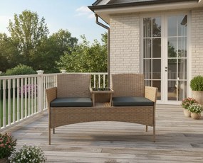 Meble ogrodowe Ratina, dwuosobowa sofa ze stolikiem, kolor naturalny, poduszki szare
