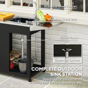 Outsunny Wózek Grillowy z Blatem Roboczym, Składaną Półką, Szafką, Zlewem i Kołami, Stal 162,5x47x87cm Czarny