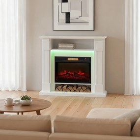 HOMCOM Kominek elektryczny z oświetleniem LED, realistyczny efekt płomieni, 1800W, półka nad kominkiem, 2 piloty, szkło, biały