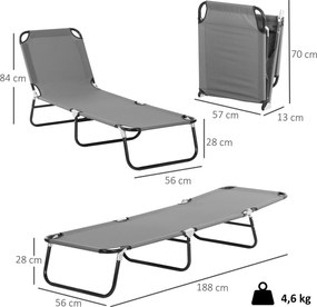 Outsunny Leżanka Plażowa Szara Metalowa 5-stopniowa Regulacja Oparcia Szybkoschnąca 188x56x28cm | Aosom PL