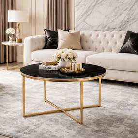 Stolik Kawowy Ceramiczny MARINE 80 cm Czarny Marmur Mat/Złoty Nowoczesny Glamour