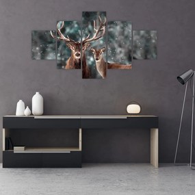 Obraz - Jeleń i łania w zaśnieżonym lesie (125x70 cm)