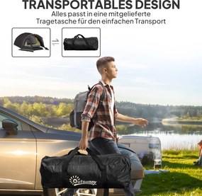 Outsunny Lekki Namiot Campingowy dla 4 Osób UV 50+ - Tunelowy, Czarny z Przedsionkiem, Bocznymi Drzwiami i Oknami