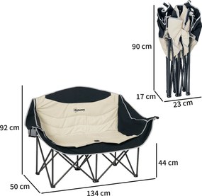 Outsunny Składane krzesło dla 2 osób z uchwytami na napoje i torbą, do 250kg, Khaki