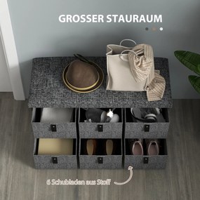 HOMCOM Tapicerowana ławka na buty, 6 przegródek na buty, rama MDF, wygląd lnu, szara