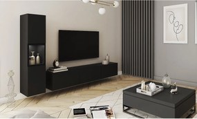 Meblościanka do salonu z oświetleniem, zestaw wisząco-stojący 2-elementowy z szafką RTV 180 cm i witryną, korpus czarny mat