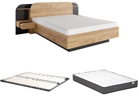 Łóżko z szafkami nocnymi 160 x 200 cm - Z oświetleniem LED - Naturalny i czarny + Stelaż + Materac - JUVISIA