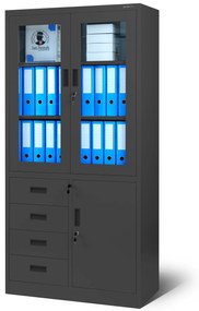 Biurowa przeszklona szafa metalowa na akta z szufladami WIOLA, 900 x 1850 x 400 mm, antracytowa