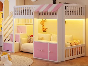 Łóżko na antresoli drewniane 90x200cm - z szafą - drabina z pojemnikami - z oświetleniem LED - różowy​ (materac nie jest wliczony w cenę)