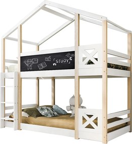 Łóżko piętrowe dwuosobowe - 2 x 90 x 200 cm - sosna i płyta MDF - drabinka, barierki i stelaż z listew - naturalny i biały