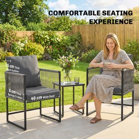 Outsunny Zestaw 2 Krzeseł Ogrodowych z PE-Rattanu i Stali z Poduszkami, Oparciem i Podłokietnikami, 52x52x66 cm, Ciemnoszare | Aosom PL