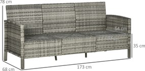 Outsunny Rattan sofa zewnętrzny trzyosobowa ogród sofa wypoczynkowa z poduszkami stal szary