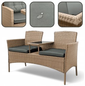 Meble ogrodowe Ratina NM-03, dwuosobowa sofa ze stolikiem, kolor naturalny, poduszki szare