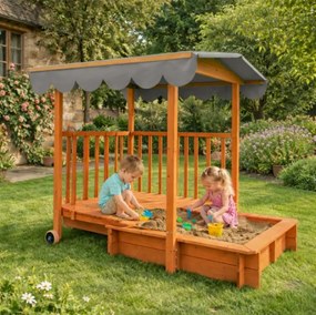 Piaskownica z werandą HAPPY, lita sosna 130 x 130 x 143 cm, brązowo szary Jurhan